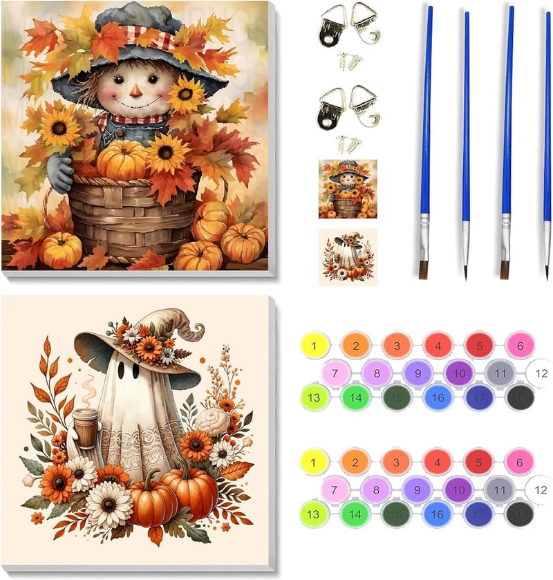 VIGEGU 2 Pack Thanksgiving Paint by Numbers Kit for Adults with Framed,Fall Scarecrow Ghost Pumpkin Paint by Number DIY Adult Paint by Number Kits for Wall Decor 10x10in - Image 1